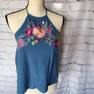 Rock and Roll Denim, Halter Tank, Adjustable Neck, Multi Color Floral Embroidery